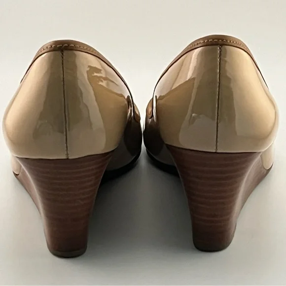 Tory Burch Louisa 7.5 Wedge Wrapped Heels Tan Brown Patent Leather Pump Shoes - Picture 13 of 14